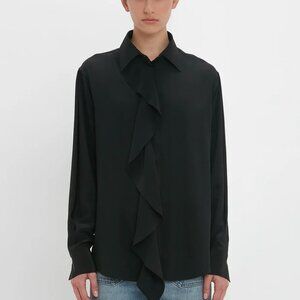NWT Victoria Beckham Asymmetrical Black Silk Ruffle Blouse, with original box